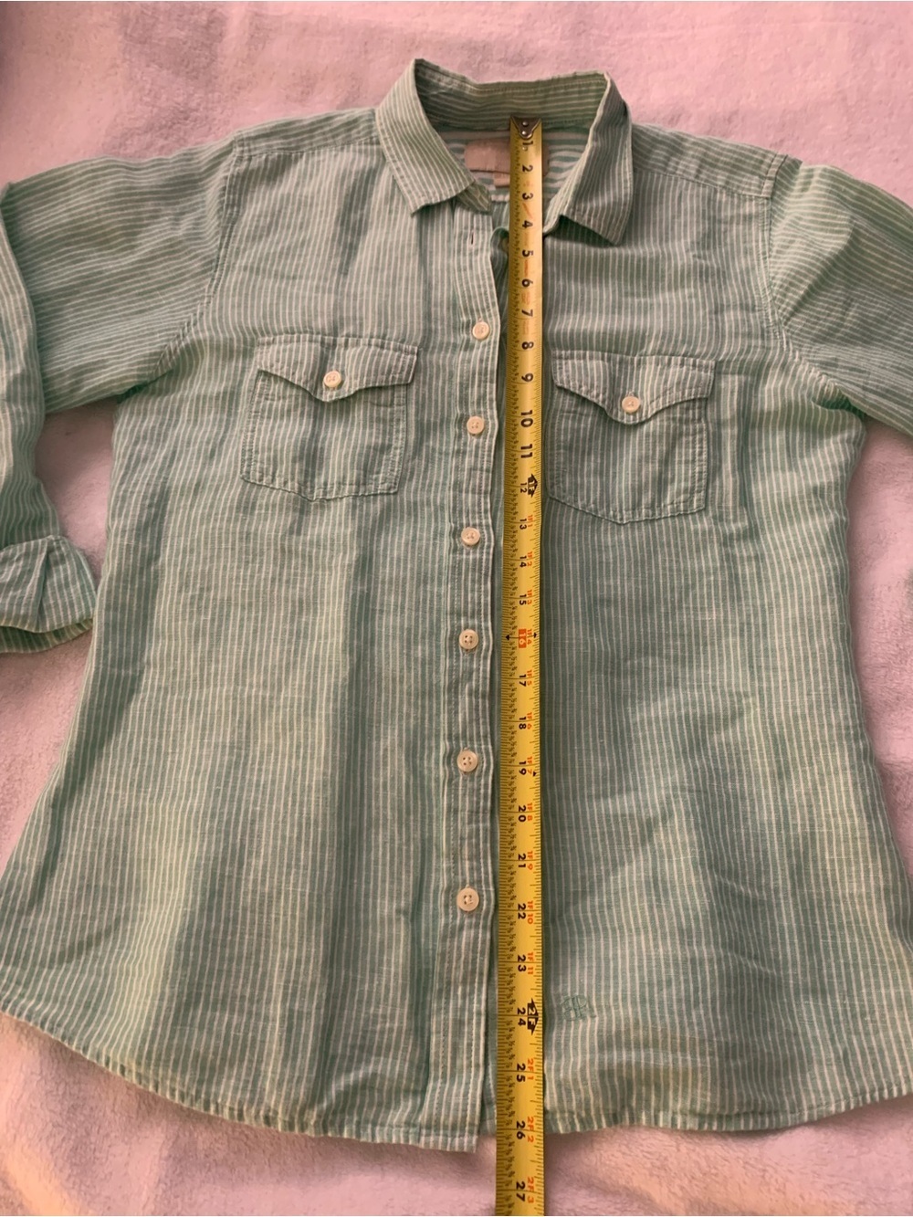 Banana Republic Soft Wash Linen Cotton Mint Green and White Pinstripe Shirt M - Picture 13 of 16